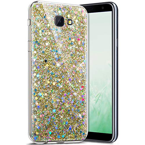 Robinsoni Case Compatible with Samsung Galaxy J4 Plus 2018 Cover Flexible Samsung Galaxy J4 Plus 2018 Case Silicone Bling Case Soft Silicone TPU Case Gel Rubber Cover Sparkle Ultra Thin Cover, Gold