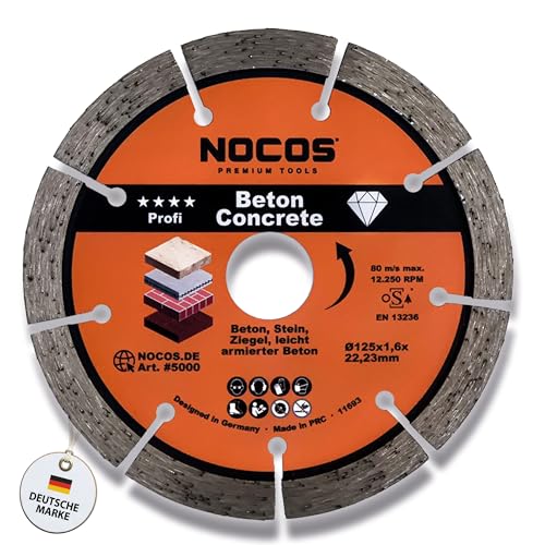 NOCOS Disco de diamante profesional de 125 mm para hormigón, piedra, ladrillo y otros materiales de construcción, disco de corte de diamante para amoladoras angulares y cazadoras