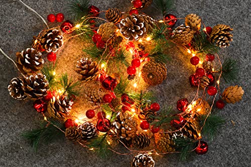 Christmas Garland With Lights 2Pcs Pine Cones Red Berry Garland String Lights 6.5Ft 20 Led Fairy Pinecone Lights For Fireplace Mantle Winter Xmax Tree Party Indoor Outdoor Decorations(2 Pcs) #TOP1