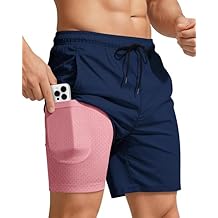 Men Swim Trunks with Compression 7 Inches Breathable Liner Quick Dry Zipper Pockets for Board Beach Gym Running