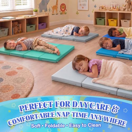 Image of Wesiti 5 Pcs Nap Mats for Preschool 47 x 24 inch 1.37 inch Thick Folding Rest Mat 4 Section, Sleeping Pad for Kids Children Daycare Nap School Classroom Kindergarten Daycare Travel Home, Blue Green