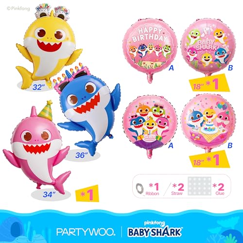 Image of PartyWoo Baby Shark Family Foil Balloons 5pcs Baby Shark Family Pink Round Mylar Helium Balloons for Boys and Girls Birthday Decorations Under the Sea Ocean Theme Kids Birthday Party Decorations