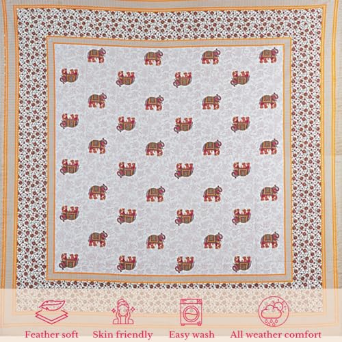 Image of Jaipur Weaves Jaipuri Cotton King Size Bedsheet 108x108 Super King, 144 TC 100% Pure Cotton Double Bed Sheet with 2 Pillow Covers, Royal Elephants Traditional Print - (Elephants Orange)