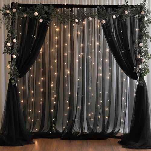 20x10ft Black Tulle Backdrop Curtain with Lights String for Parites,