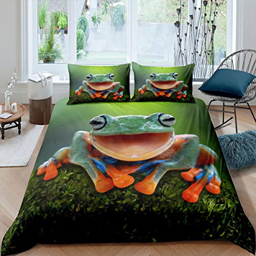 Frog Comforter Cover Tropical Amphibian Bedding Set 3D Animal Theme Duvet Cover for Children Kids Boys Girls Tropical Nature Theme Bedspread Cover Room Decor Bedclothes Full Size