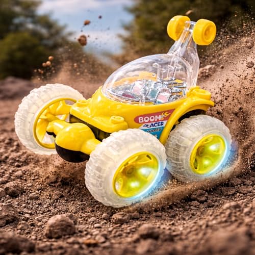 Image of Stunt Car Toy for Kids with 360 Rotation & Flashing Lights | Off-Road Spinning Racing Vehicle with Big Rugged Wheels | Battery Operated Action Car Toy for Boys & Girls (Boom Racer Yellow)