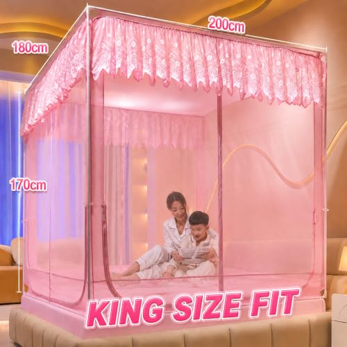 Image of Dawnwake Mosquito Net, Anti-Fall Mosquito Neting Bed for Babies /Adult /Outdoor,Portable Foldable Travel /Camping Mosquito Net Tent, Suit for King Size Bed (Pink, 200 * 180cm)