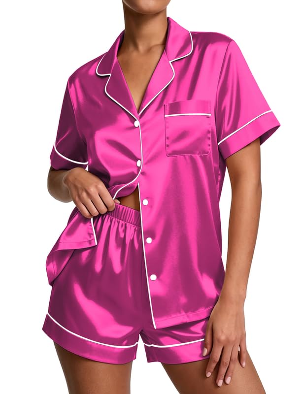 Image of Ekouaer Pajamas for Women Set Silk Satin Pjs 2 Piece Button Down Sleepwear