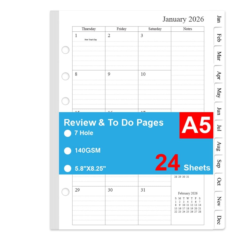 2026 Monthly Planner Refills, Two Pages Per Month,Jan 2026 to Dec 2026, A5 Size,5.8" x 8.25",7-holes punched,2026 planner inserts