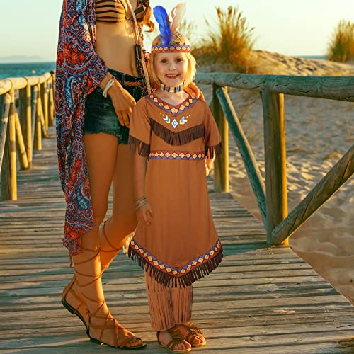 Boyiee 4 Pcs Girls Native American Costume Set Brown Indian Princess Outfit For Kids Mardi Gras Party Cosplay Dress (S) #TOP6