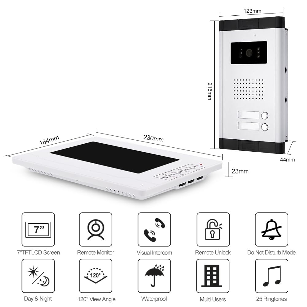 Due Vie Audio Porta Video Citofono con Schermo da 7 pollici Videocitofono Citofono Campanello per Casa/Sppartamento per 2 Casa