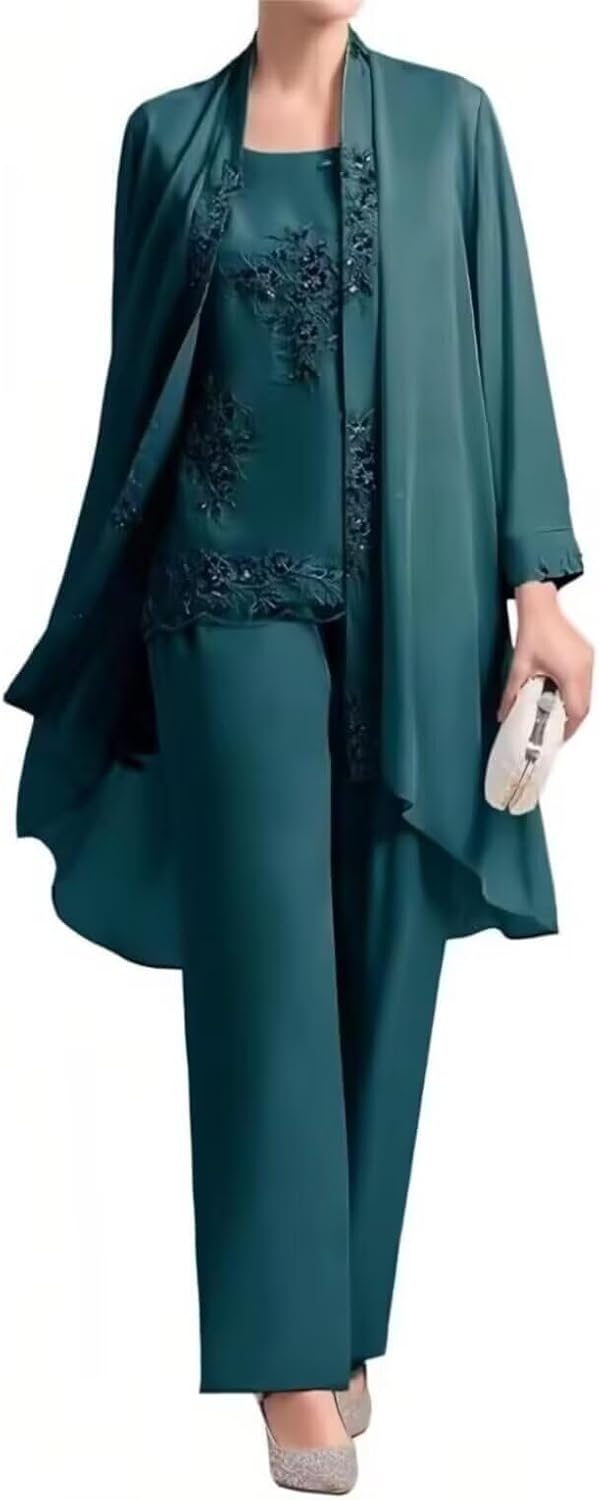 3 Piece Mother of Bride Pant Suits for Wedding - Chiffon Lace Applique Formal Wedding Guest Outfit with Jacket