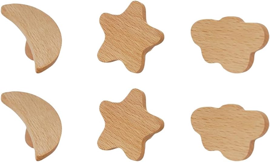 6 Pcs Star Furniture Drawer Knobs Moon Wood Knobs Small Cloud Pull Handles Cute Closet Cupboard Knobs Flat Top Cabinet Knobs Unfinished Wooden Dresser Knobs