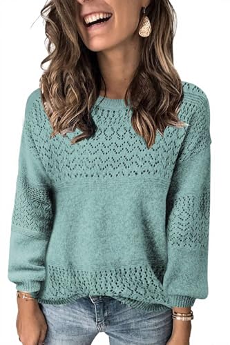 Image of JOCAFIYE Sweaters for Women Cute Casual Long Sleeve Tops Stylish Comfy Daily Crewneck Solid Pullover Jumpers Tops Oversized Comfy Ribbed Cable Knit Drop Shoulder Sweaters Light Blue X-Large