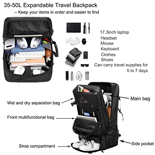 Dbnau Travel Backpack, 35-50L Expandable Carry On Backpack With Shoe Compartment And Usb Charging Port, 17Inch Laptop Backpack, Airline Approved Convertible Waterproof Durable Luggage Bag For Men #TOP1