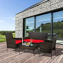 Dkeli 4 Pieces Patio Furniture Set Outdoor Wicker Bistro Sets with Thickened Cushions & Table Modern Rattan Chair Conversation Sets for Backyard Porch Poolside Lawn Garden, Red