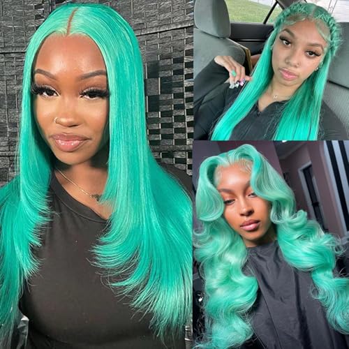 Msviki Mink Green Straight Human Hair Wigs 200% Density Green Lace Front Wigs Human Hair For Women 13×4 UHD Transparent Lace Frontal Wig Virgin Brazilian Hair 18inch