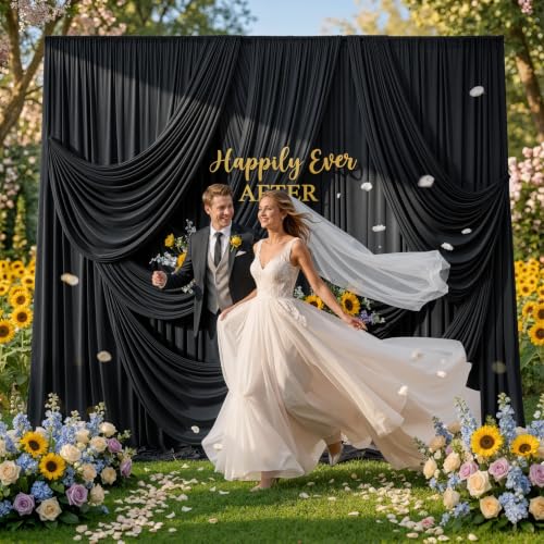 Image of 30x14ft Black Backdrop Curtains for Parties, Wrinkle Free Polyester 6 Panels Photo Backdrop Drapes 14 ft Long Back Drop Cloth for Wedding Birthday Photography Background Party
