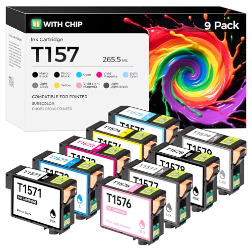 Image of Remanufactured T157 Ink Cartridges 9-Pack High Yield Replacement Compatible with T1571 T1572 T1573 T1574 T1575 T1576 T1577 T1578 T1579 Ink Set Works with Stylus Photo R3000 Printer Ink Inkjet Copy