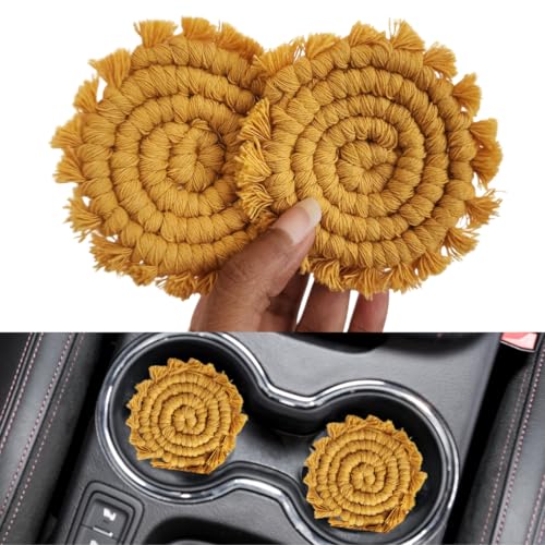 Cotton Car Coasters for Cup Holders 2PC Car Cup Coasters Drink Coaster Holder Cute cupholder Coaster Accessories for Women Macrame Boho (Sunshine Yellow)