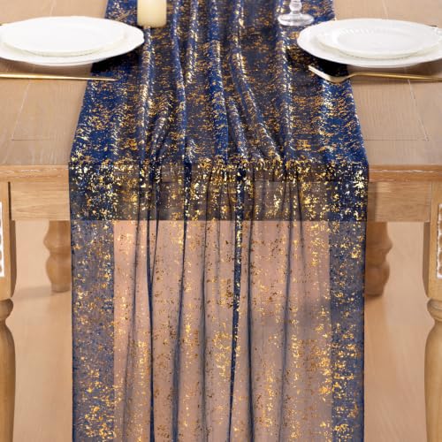 Image of Gold Glitter Table Runner Navy Blue Sheer Gauze Foil Table Runner 120 Inch