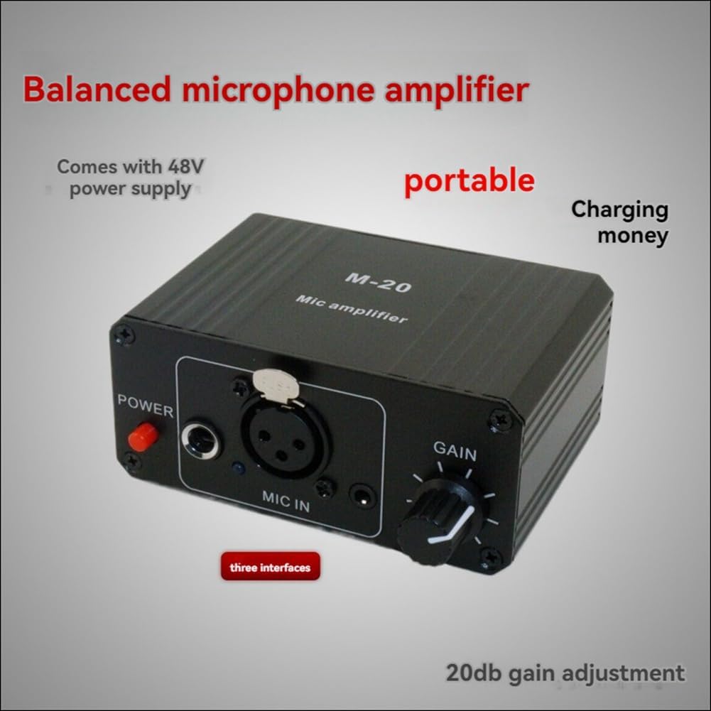 Uziurl M-20 Microphone Amplifier highlighting balanced circuit and 20dB gain