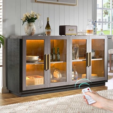 LUXOAK Sideboard Buffet Cabinet with Storage,64" Cabinet with Glass Door, Modern Wood Glass-Buffet Cabinet for Dinning Room,Kitchen, Hallway, and Living Room, Grey & Black Cover