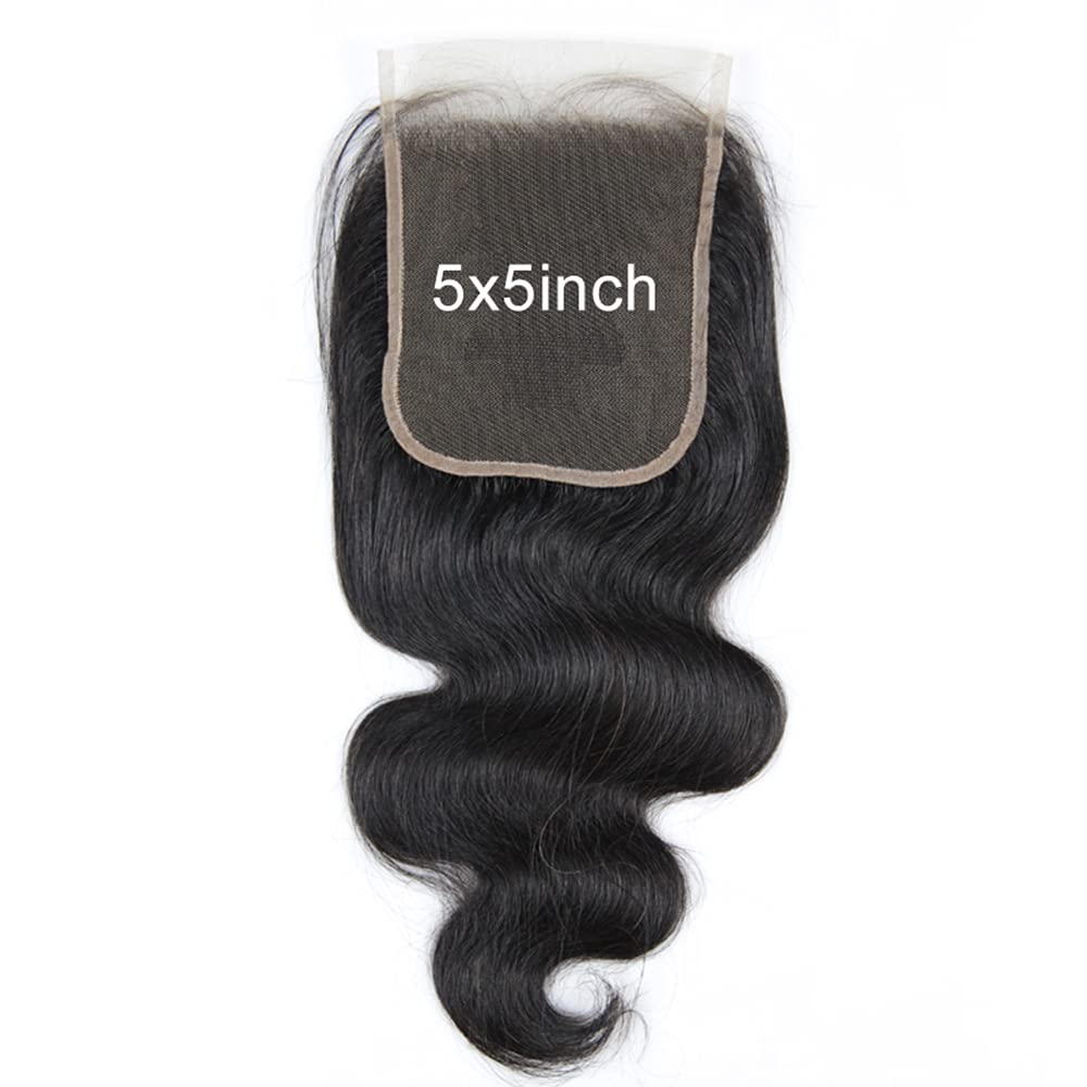 Closure 5X5 Body Wave Human Hair 14 Inch 130% Density With Baby Hair 100% Human Hair 5X5 Lace Closure Free Part Transparent Lace 9A Grade Unprocessed Malaysian Virgin Hair Natura Color