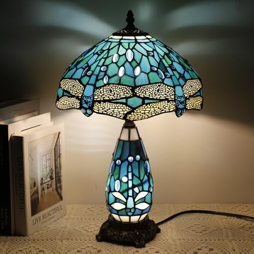 TCODTPOL Tiffany - Lámpara de mesa de vidrieras de 30,5 x 48 cm, para madre e hija, jarrón de escritorio, luz nocturna para dormitorio, mesita de noche, lectura, hogar, estilo antiguo (libélula verde)