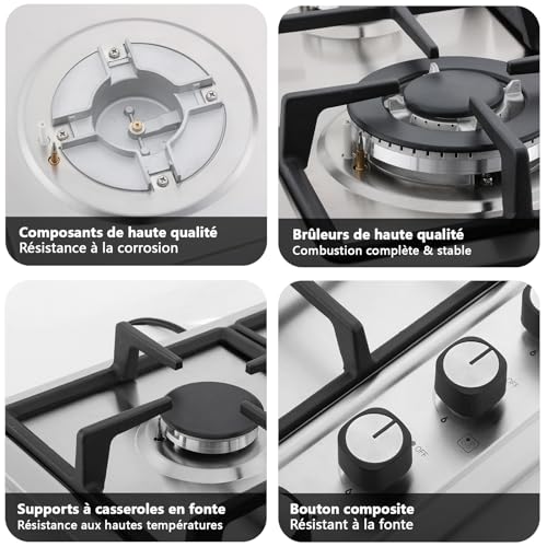 IsEasy Gas Hob with 4 Stainless Steel Burners, 4 Built-In Gas Hobs, Gas Table 60 cm, City Gas and Bottle