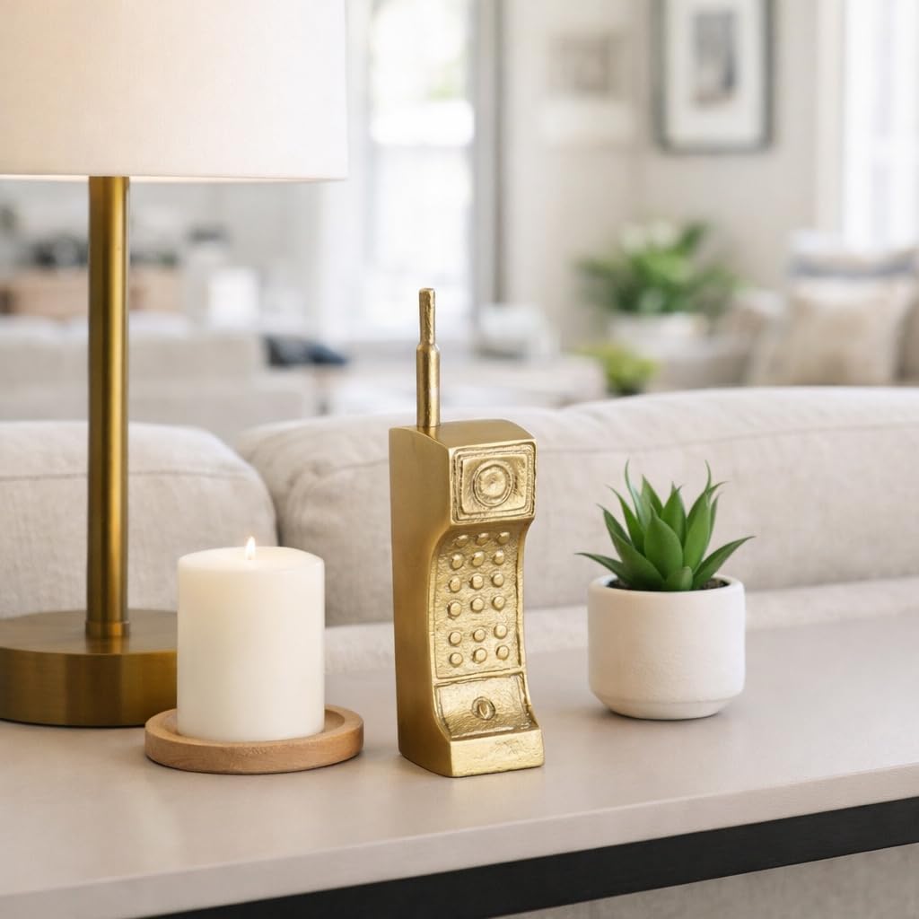 Metal Cordless Phone Decorative Object for Home Decor - Ornaments for Bathroom, Office Desk, and Coffee Table - Vintage Inspired Accent for Shelf Display or Living Room Decor - 8", Gold