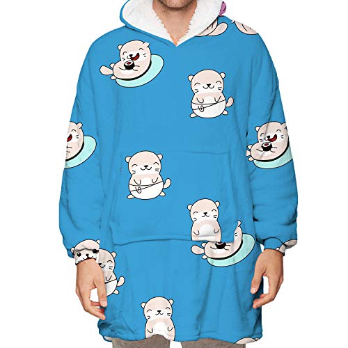 Preisvergleich Produktbild Ouduo Kapuzenpullover Decke, Netter Tierdruck Übergroße Sherpa Hoodie Weiche Warme Riesen Sweatshirt Blanket Fronttasche Plüsch Pullover Decke mit Kapuze (One Size,Otter)