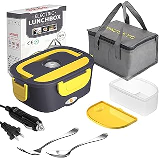 Electric Lunch Box [Upgraded],60W High-power Food Heater,12V 24V 110V 3 in1 Portable microwave for Car/Truck/Home–Leak proof,Removable 304 Stainless Steel Container fork & spoon and Carry Bag………