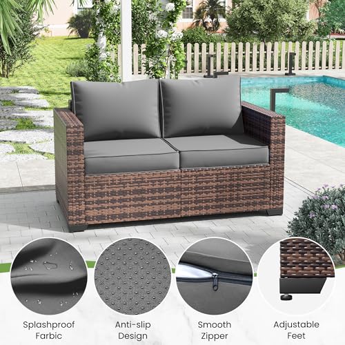 Image of Amopatio Patio Loveseat, Outdoor Furniture 2-Seat Wicker Porch Furniture Outdoor Couch Sofa with Water-Resistant Cover & Non-Slip Cushions, Premium Patio Set, Gray