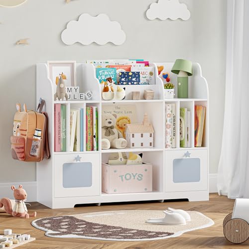 FOTOSOK Toy Storage Organizer, 46'' Toy Shelf, Bookshelf with White and Blue Bookcase & 2 Storage Cubbies Toy Box, Toy Storage Cabinet for Playroom, Bedroom, Classroom, Library