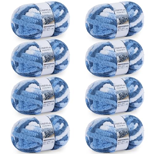 Image of Cozyful Chunky Yarn for Hand Knitting - #10 Chunky Chenille Blanket Yarn, Jumbo Big Thick Chunky Yarns for Crocheting, Tie Dye Bulky Knit Yarns, 8 Skein (20 yds 8 oz Each Skein), Sky&Navy&Royal&White