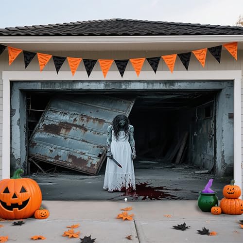 Copertura per Porta da Garage A Forma di Zombi per Halloween, Grande Sfondo per Decorazioni Horror per Porta da Garage, Sfondo Spettrale per Parete per Feste di Halloween(C,6.5x5FT)