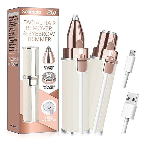 SOLIMPIA Women's Facial Hair Remover, 2-In-1 Epilator With Built-In Led Light And Usb Charging, Suitable For Eyebrows, Lips, Cheeks, Chin And Neck, Hypoallergenic