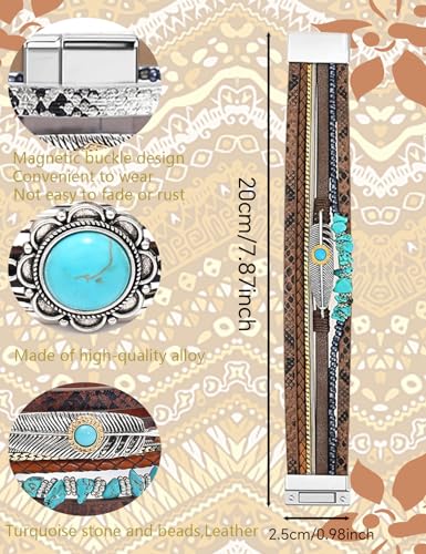 3 Pcs Western Country Jewelry for Women Turquoise Bracelet for Women Boho Leather Layered Bracelet Jewelry for Women Silver Cuff Bangle3