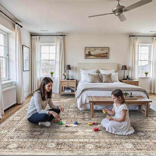 RUUGME Washable 12x12 Area Rug - Large Vintage Area Rugs with Non Slip Backing Stain Resistant Carpet for Bedroom Dining Room Indoor Soft Carpets Home Decor Decoration Mat 12x12 Beige