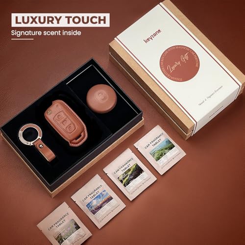 Image of Keyzone Premium Leather Key Cover & AC Vent Car Perfume Combo (4 Fragrances) | Compatible for Tata Curvv, Nexon, Harrier, Altroz, Punch, Safari, Tigor, Tiago, Zest, Bolt 3 Button flip Key. (Brown)
