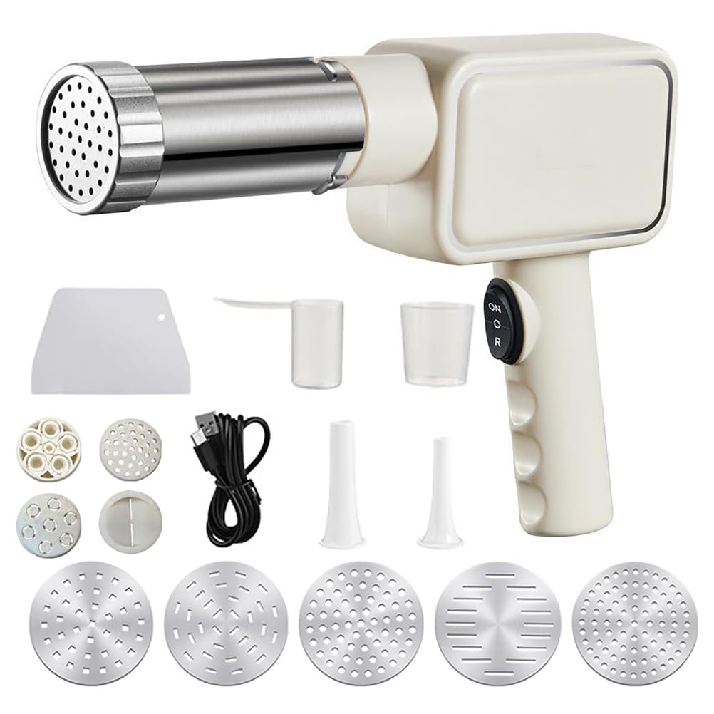 Machine à pâtes électrique 5 en 1 – Machine à nouilles sans fil manuelle – Machine à spaghetti automatique – Machine à pâtes portable en acier inoxydable avec moule de moulage et machine de découpe