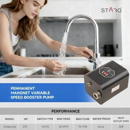 Image of STARQ STPM-375 Inline Automatic Water Pressure Booster & Circulation Pump with PMDC Motor 375W Max Flow 75 LPM Max Head 30m for Hot Water Circulation RO Shower,Geyser,Washing Machine,Dishwasher