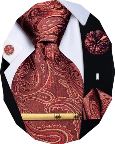 Image of YourTies Burnt Orange Ties for Men Paisley Silk Necktie Rust Handkerchief Cufflinks Tie Clip Lapel Pin Set Wedding Business