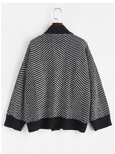 Image of ZAFUL Women's Striped Cardigan Button Up Open Front Knit Oversized Sweater | Button down, Soft chunky knit, Lightweight, Loose fit, Long lantern sleeve, Casual Daily Going Out, Fall Winter Outfits