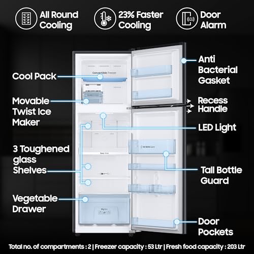 Image of Samsung 256 L, 3 Star, Convertible, Digital Inverter with Display Frost Free Double Door Refrigerator (RT30C3733BX /HL, Luxe Black)