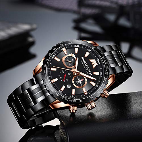 Image of MEGALITH Mens Wrist Watches Waterproof Black Stainless Steel Chronograph Analog Quartz Date Luminous Hands Dial