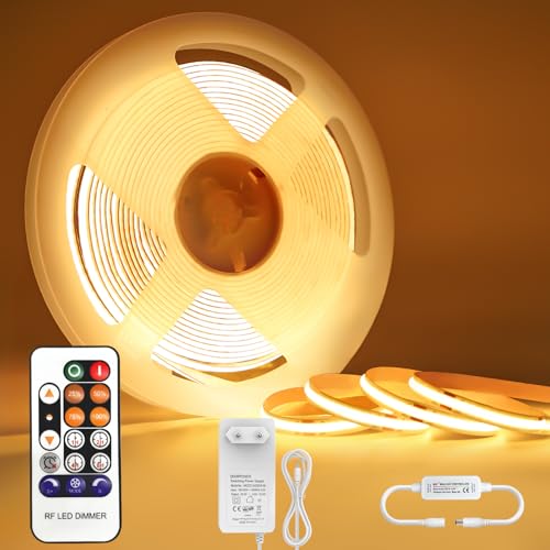 COB LED Streifen 5M Warmweiß, 3000K Led Strip Dimmbar 24V, Lichtband led selbstklebend Wasserdicht, Licht leiste mit Fernbedienung und Netzteil, Band 5m indirekte beleuchtung TV Küche Wohnzimmer DIY