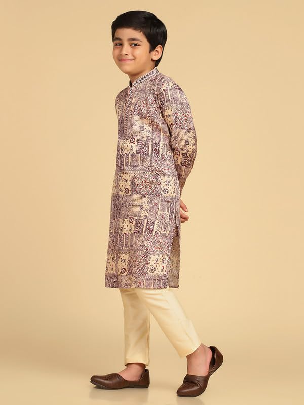 Kisah Boys Kurta | Cotton Blend Foil Print Ethnic Wear For Kids Wedding And Occasions-Kk-1035-9-10 Years Magenta
