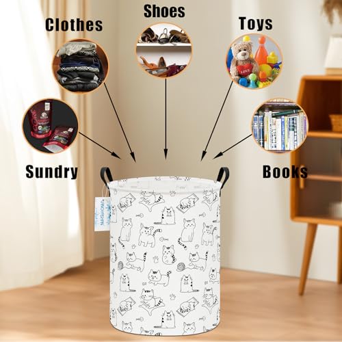 Image of Round Laundry Basket Collapsible Storage Hamper Organizer Cat | Waterproof Canvas Foldable Baskets with sturdy Handles Multi-scene Organizer for Home Play Bedroom Gift Bin